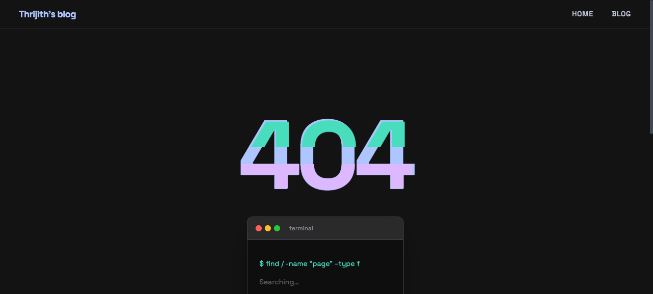 404 error page with glitch animation and terminal error message