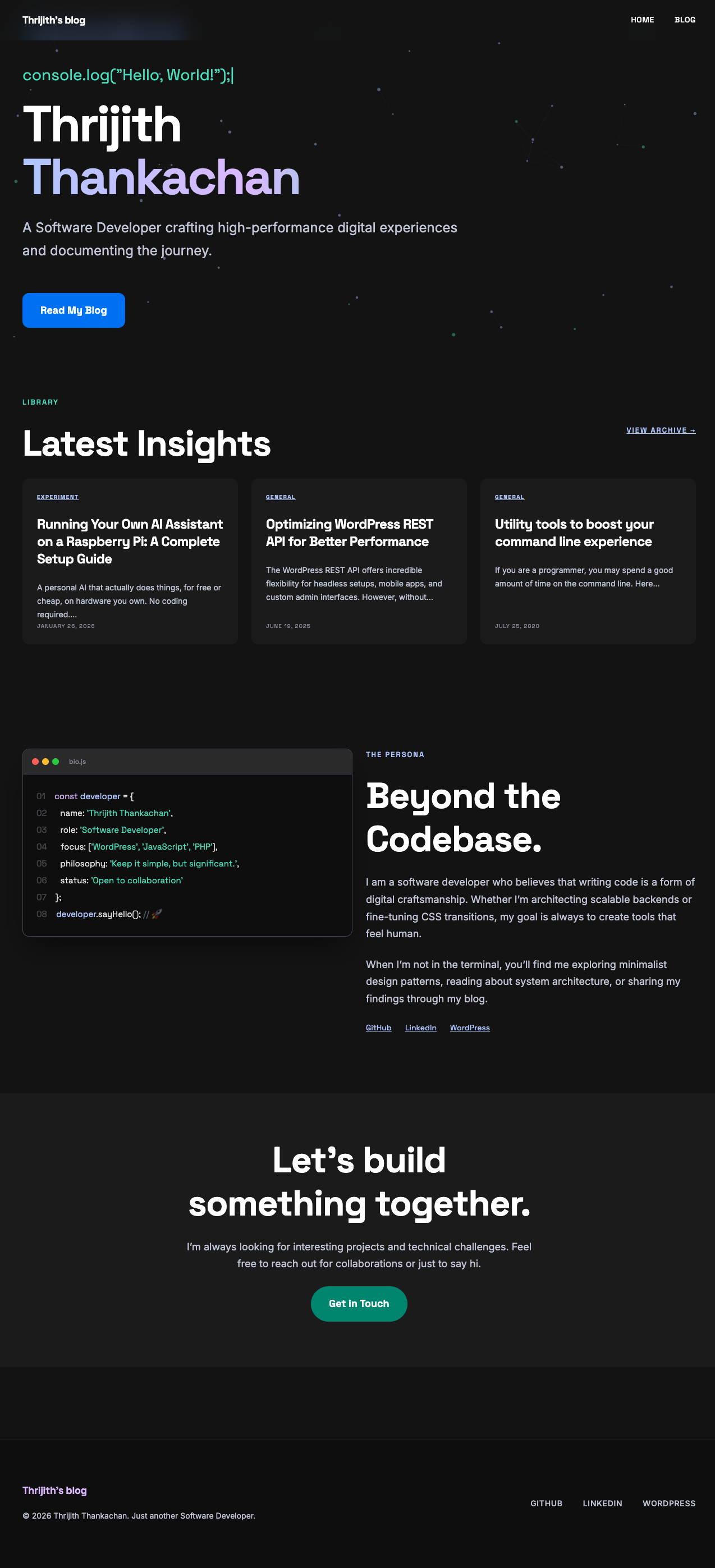 The live homepage showing hero section, latest posts grid, terminal bio, and CTA