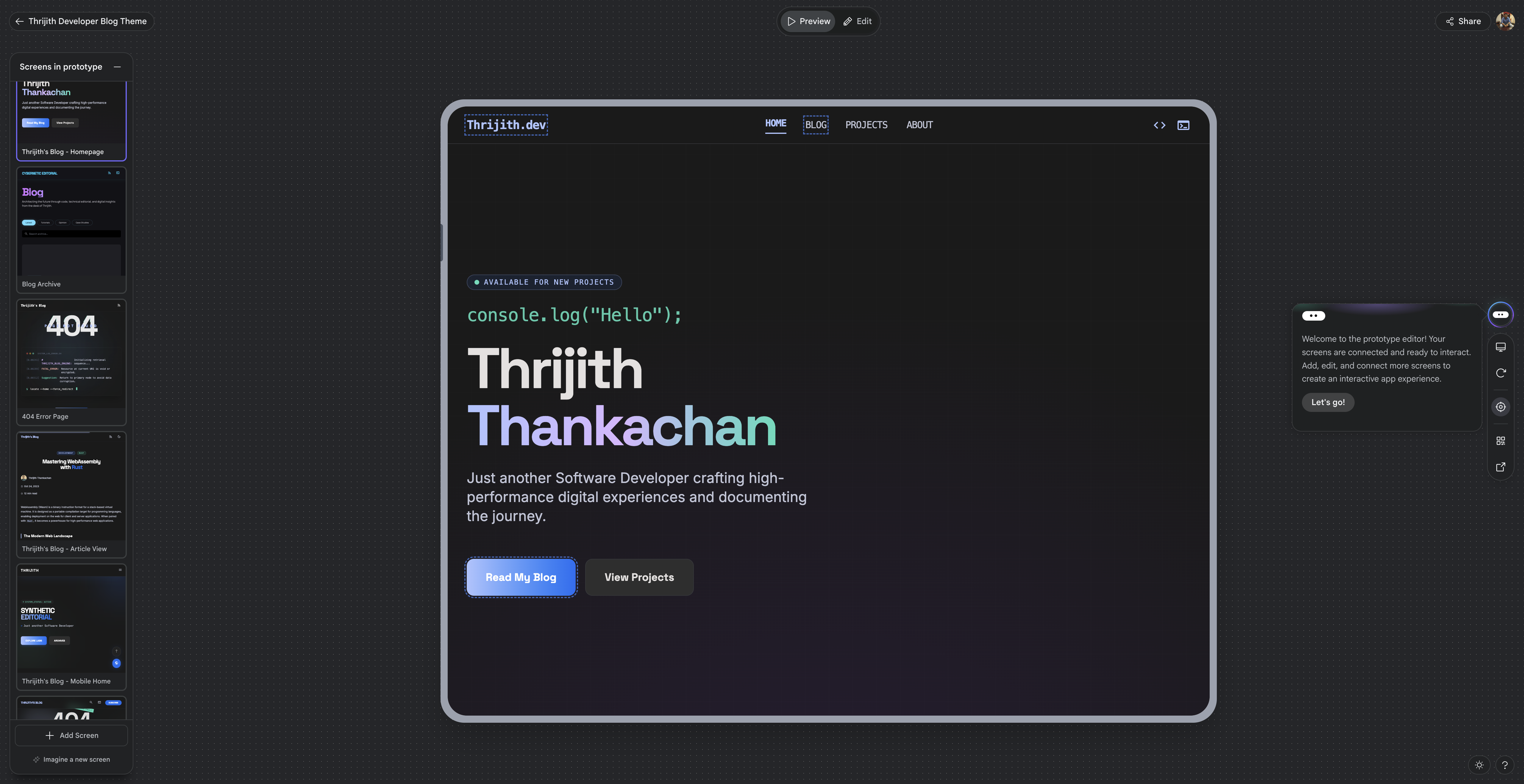 Stitch preview showing the generated homepage design with gradient text and dark theme
